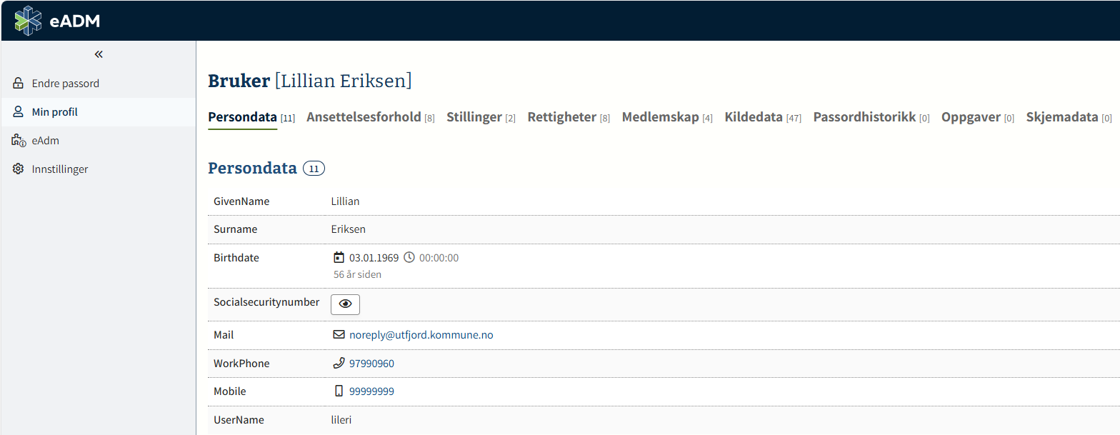 Bilde som viser all registrert informasjon om den ansatte